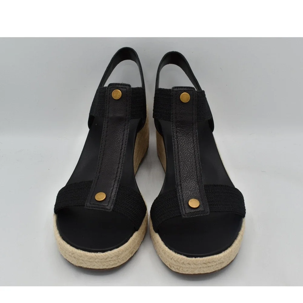 Vionic Women Size 11 Calera Black Leather Stretch Espadrille Wedge Sandals Shoes